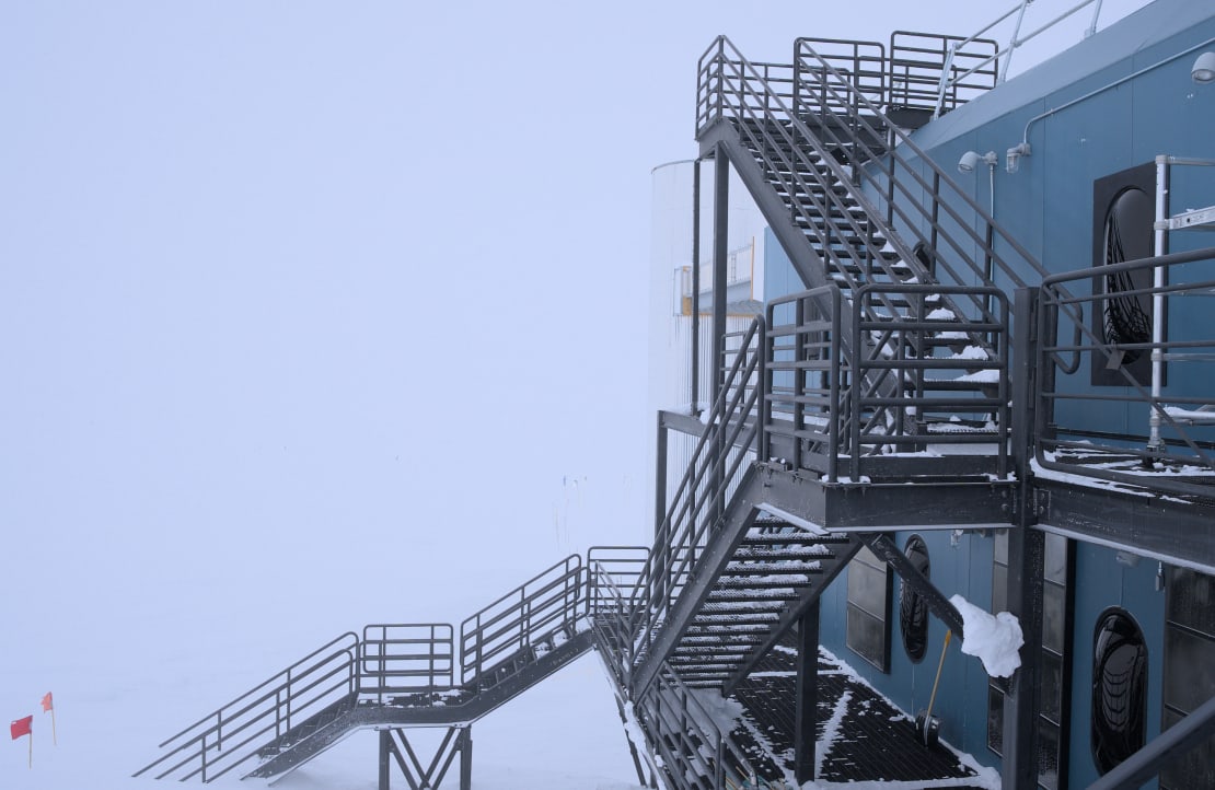 View of stairs to IceCube Lab in low visibility conditions.