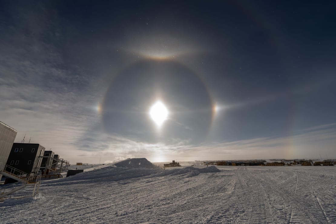 Sundogs in partly cloudy skies at the South Pole.