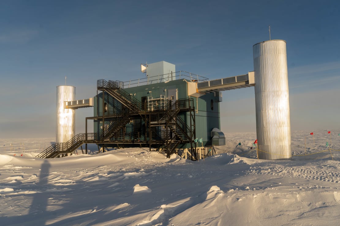 The IceCube Lab at sunset, with sun out and casting long shadows.