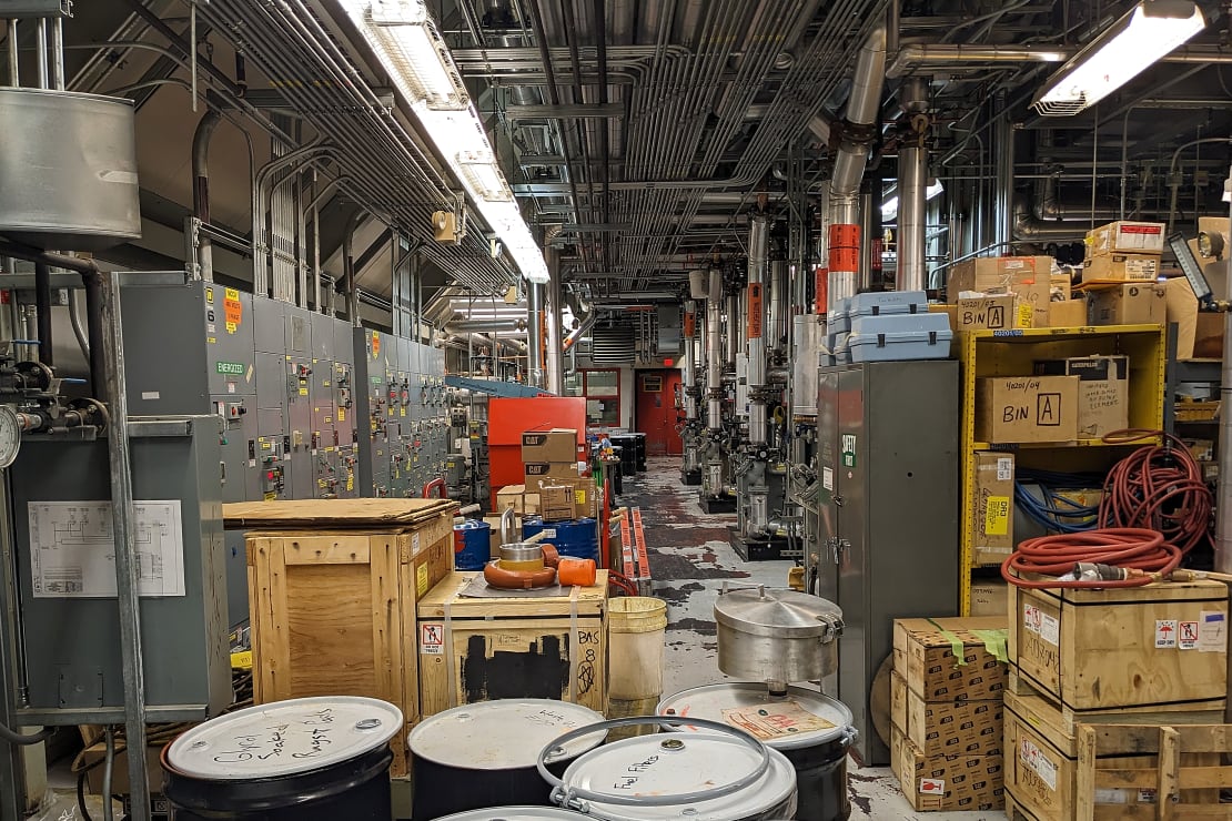 A long view of the interior of the South Pole station’s power plant.