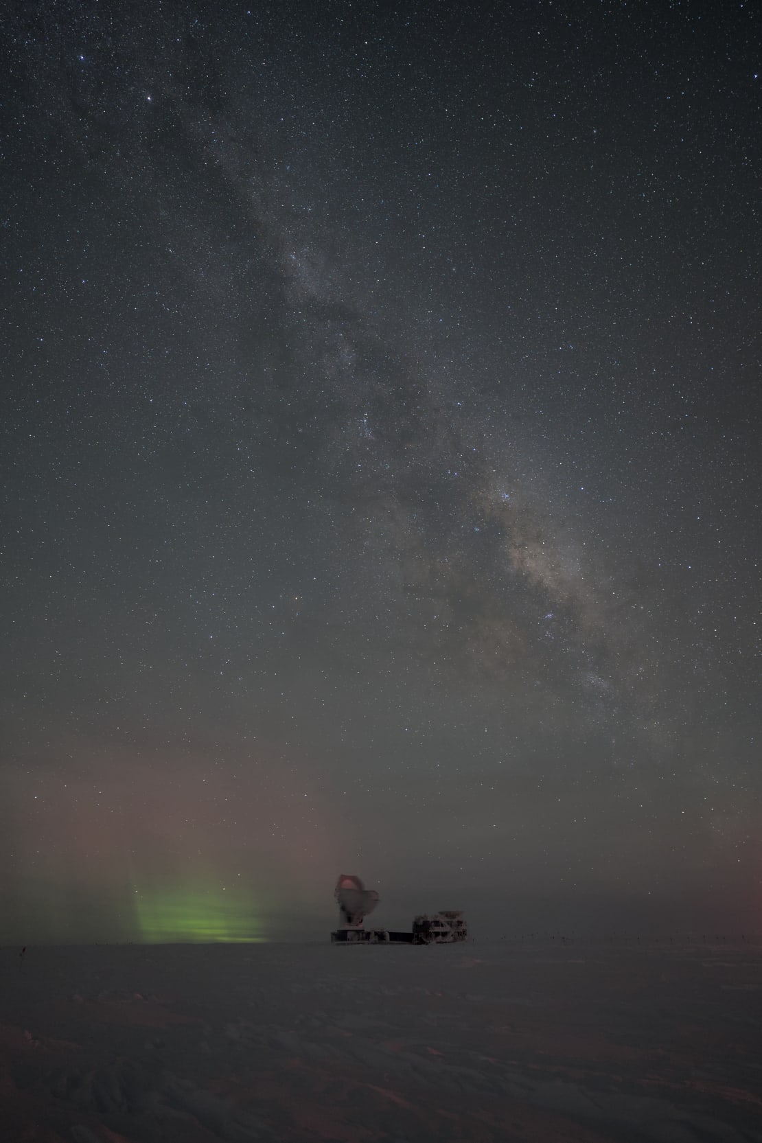 The Milky Way over the South Pole Telescope in the distance.