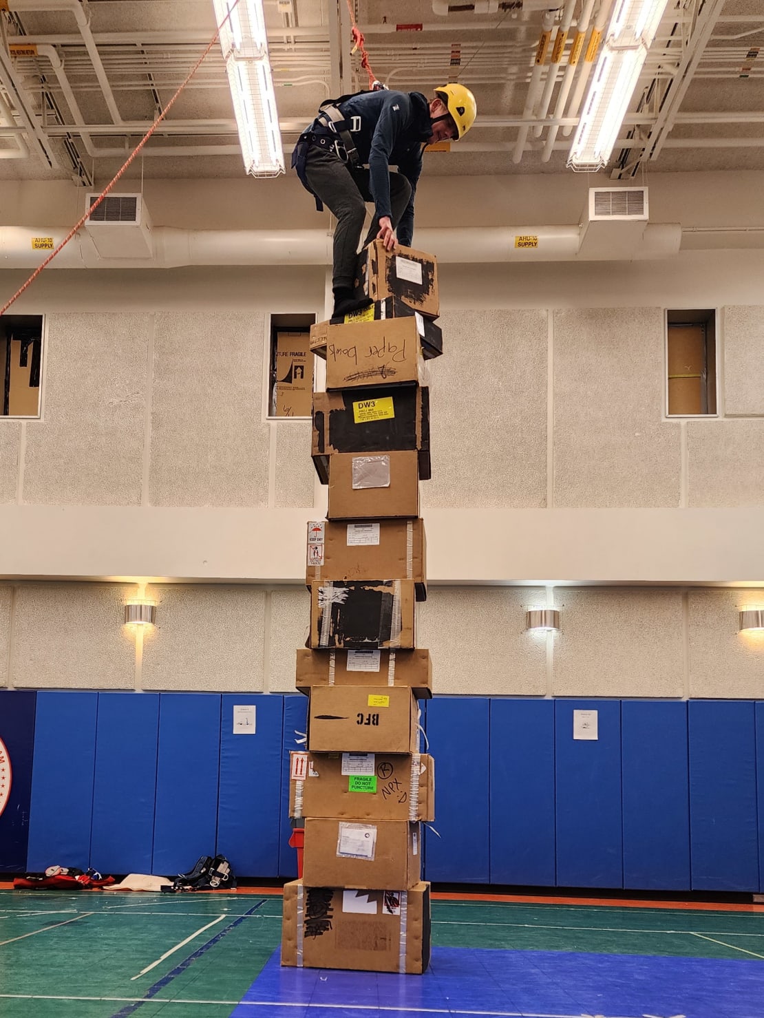 Person attached to ceiling-hung harness standing on top of tower of cardboard boxes, bending to add box to top.