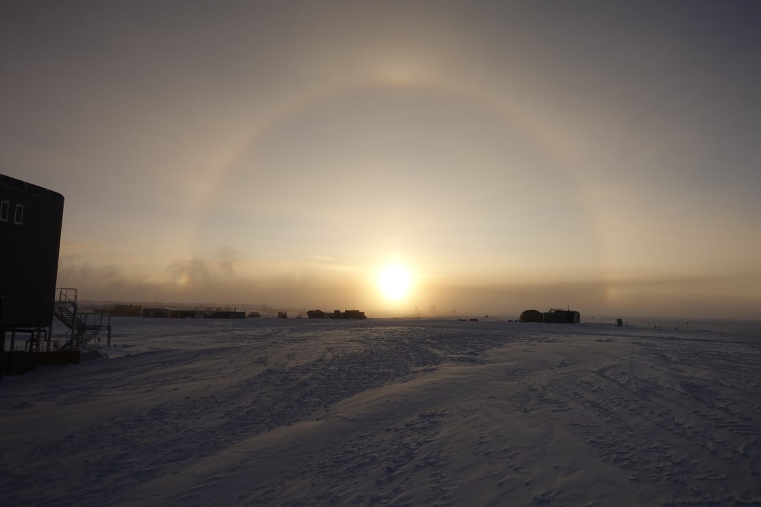 Sun halo of low sun near sunset at South Pole.